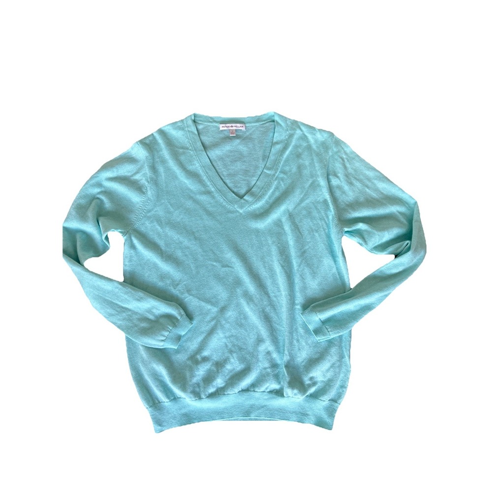 Peter Millar Women's Sweater Cotton Cashmere Bland V-Neck Size Large Teal Preppy